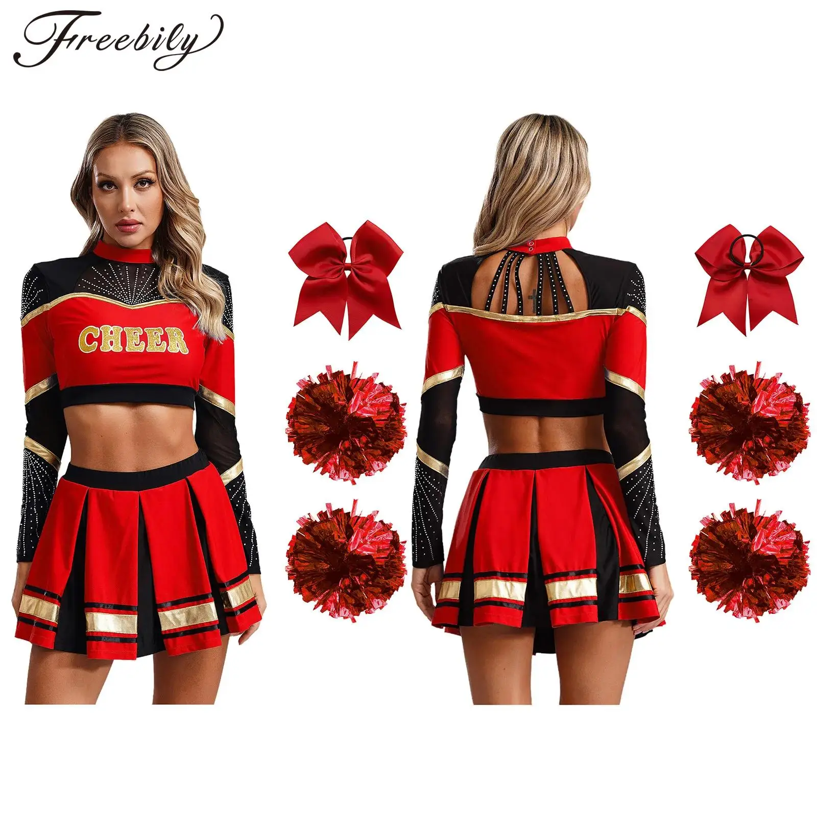 Women Cheerleading Costume Shiny Metallic Cheer Leader Schoolgirl Outfits Long Sleeve Rhinestone Crop Tops with Accessory
Women Cheerleading Costume Shiny Metallic Cheer Leader Schoolgirl Outfits Long Sleeve Rhinestone Crop Tops with Accessory