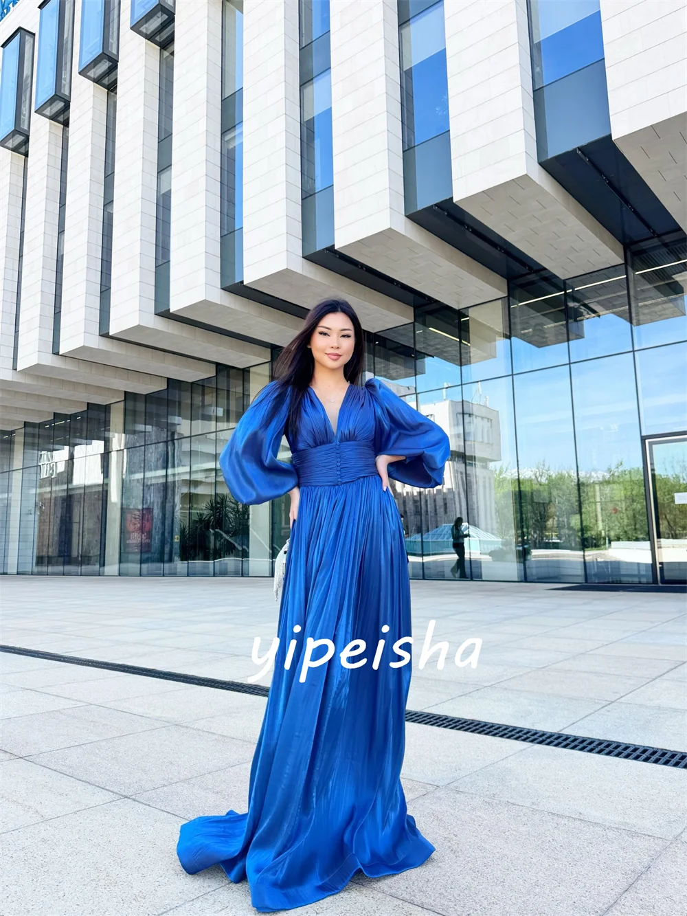Customized Blue Pleat Ruched Draped Sash Button A-line V-neck Floor-Length For Birthday Party Evening Dresses Chinese Style
Customized Blue Pleat Ruched Draped Sash Button A-line V-neck Floor-Length For Birthday Party Evening Dresses Chinese Style