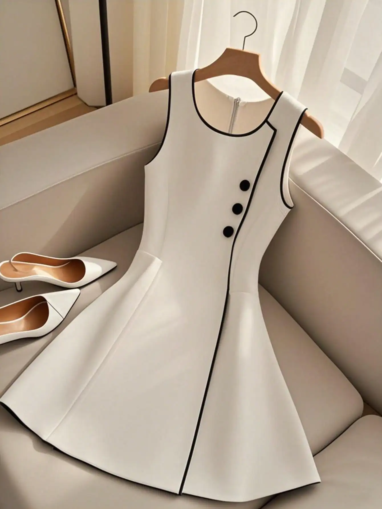 Женское белое миди-платье без рукавов с черной отделкой и пуговицами
Женское белое миди-платье без рукавов с черной отделкой и пуговицами