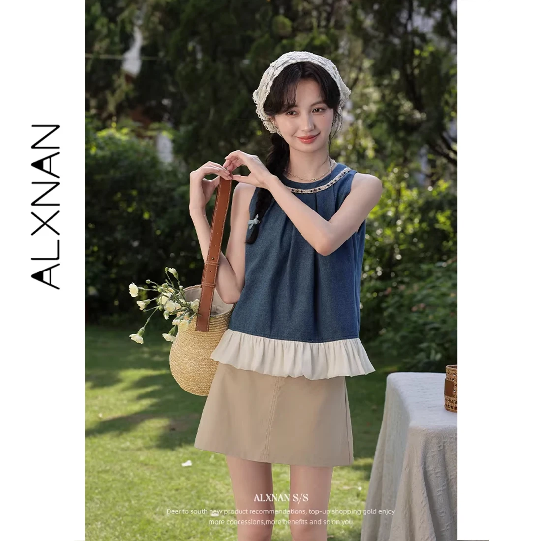 ALXNAN Blue Tank Tops Women Summer Round Neck Beaded Trim Neckline Ruffle Hem Loose-fit Elegant Sleeveless Denim Tops L55959
ALXNAN Blue Tank Tops Women Summer Round Neck Beaded Trim Neckline Ruffle Hem Loose-fit Elegant Sleeveless Denim Tops L55959