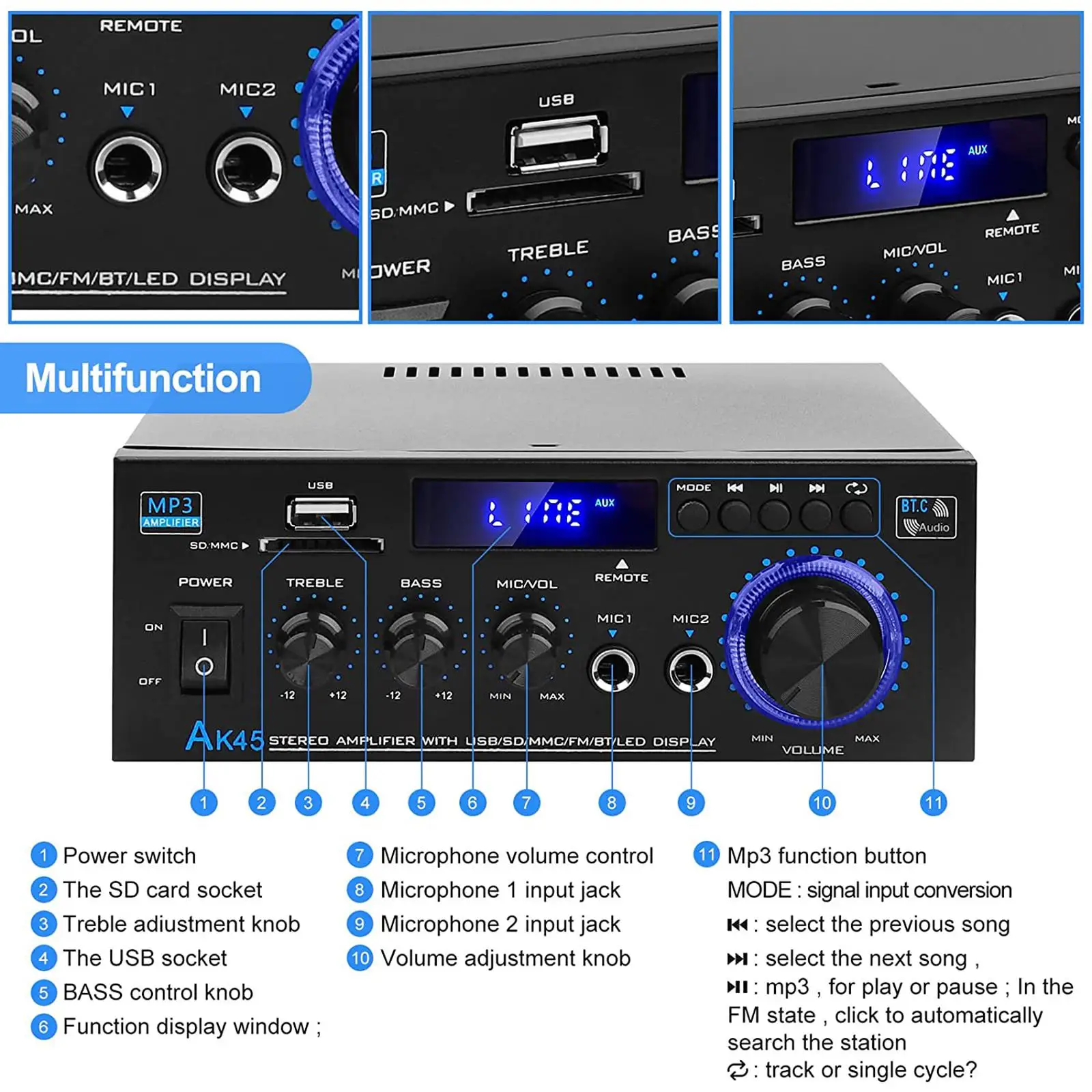 AK45 Mini Digital Audio Power Amplifier with Microphone 2 Channel Stereo Power Amplifier Audio Amp for Home Theater System Use
AK45 Mini Digital Audio Power Amplifier with Microphone 2 Channel Stereo Power Amplifier Audio Amp for Home Theater System Use