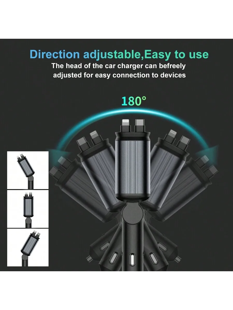 66W 4-Port Foldable Car Charger With Adjustable 180° Head, Star Projection & RGB Breathing Light, Lightning/Type-C/2USB For
66W 4-Port Foldable Car Charger With Adjustable 180° Head, Star Projection & RGB Breathing Light, Lightning/Type-C/2USB For