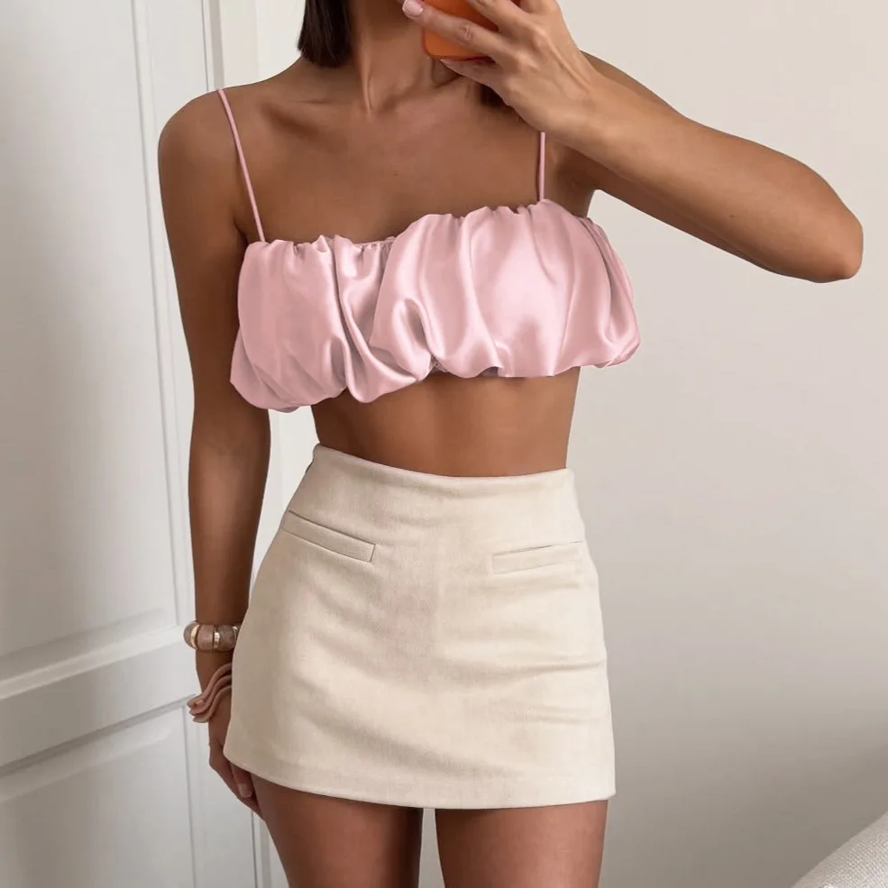 Pink Satin Ruched Crop Top Women Cute Barbiecore Spaghetti Strap Camisole Y2K Aesthetics Party Clubwear Backless Tube Top
Pink Satin Ruched Crop Top Women Cute Barbiecore Spaghetti Strap Camisole Y2K Aesthetics Party Clubwear Backless Tube Top