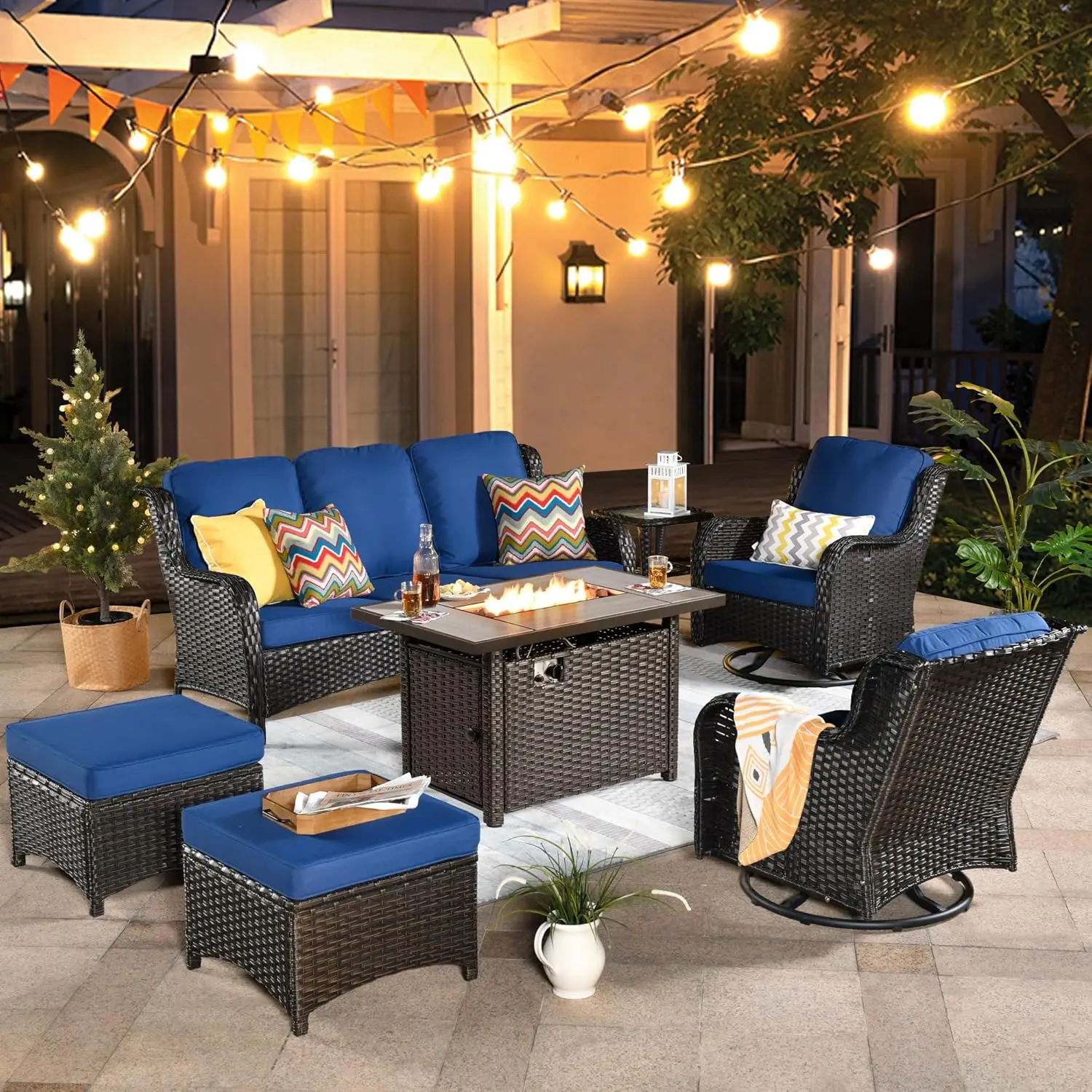7 Pieces Patio Furniture Set Fire Pit Table Outdoor Wicker Swivel Rocking Chairs with Comfy Cushions Sofa Couch Set
7 Pieces Patio Furniture Set Fire Pit Table Outdoor Wicker Swivel Rocking Chairs with Comfy Cushions Sofa Couch Set
