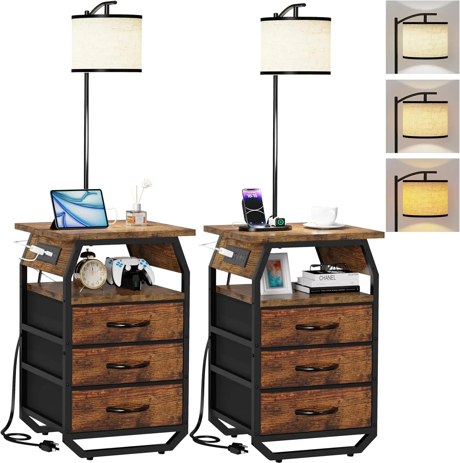 Floor Lamp with Table Set of 2, Side Table with Lamp 3-Color Bulb, Charging Station, 3 Drawers, Rustic Brown
Floor Lamp with Table Set of 2, Side Table with Lamp 3-Color Bulb, Charging Station, 3 Drawers, Rustic Brown