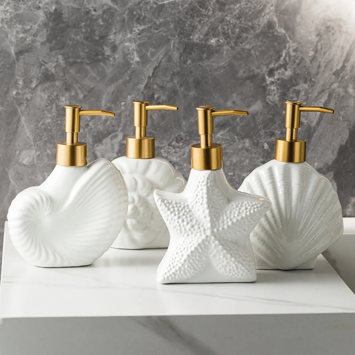 Ocean-themed ceramic soap dispenser Elegant glaze, durable plastic pump head Starfish/shell/conch shape
Ocean-themed ceramic soap dispenser Elegant glaze, durable plastic pump head Starfish/shell/conch shape