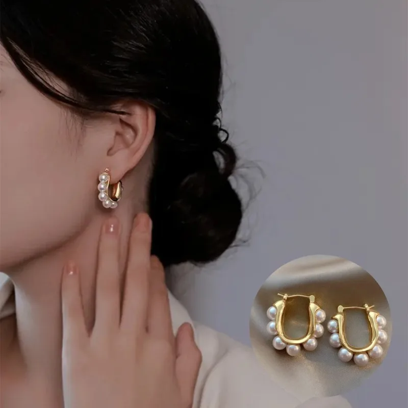 Stylish U-shaped Hoop Earrings Gold Color Elegant Imitation Pearl Earrings Wedding Girls Luxury Accessories Women's Gifts серьги 
Stylish U-shaped Hoop Earrings Gold Color Elegant Imitation Pearl Earrings Wedding Girls Luxury Accessories Women's Gifts серьги