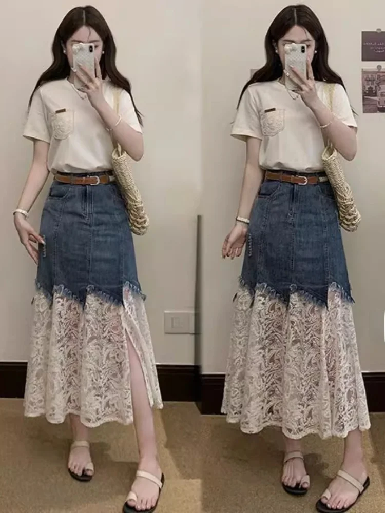 plus Size Women's Summer Outfit Unique Beautiful T-Shirt Denim Lace Skirt Set Casual Wear High Waist mid Length Skirt
plus Size Women's Summer Outfit Unique Beautiful T-Shirt Denim Lace Skirt Set Casual Wear High Waist mid Length Skirt