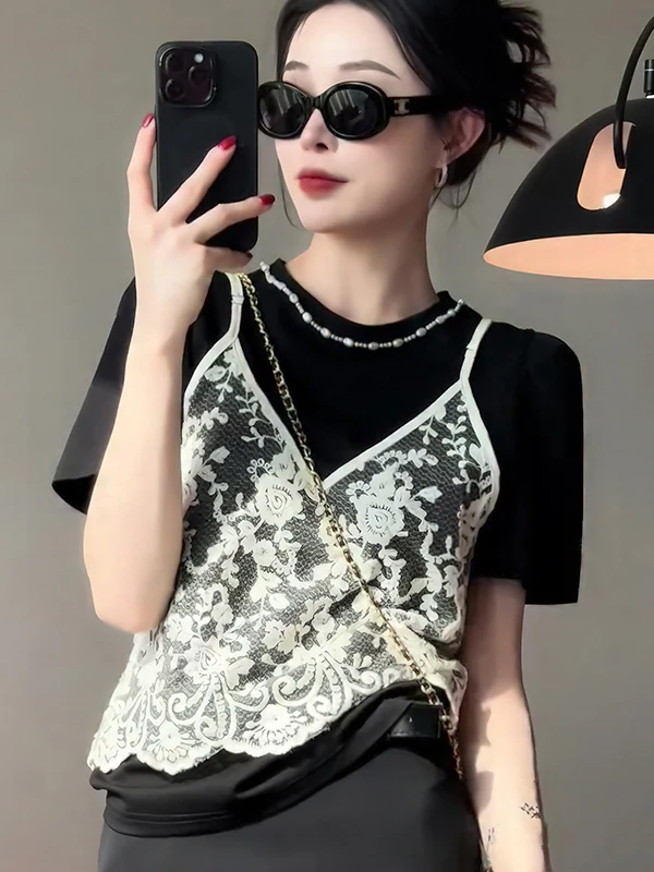 Korean Sle round Ne Lace Trim ort Sve T-irt Bla Faionable Summer Top Layered Look Casual Commute Inspired
Korean Sle round Ne Lace Trim ort Sve T-irt Bla Faionable Summer Top Layered Look Casual Commute Inspired