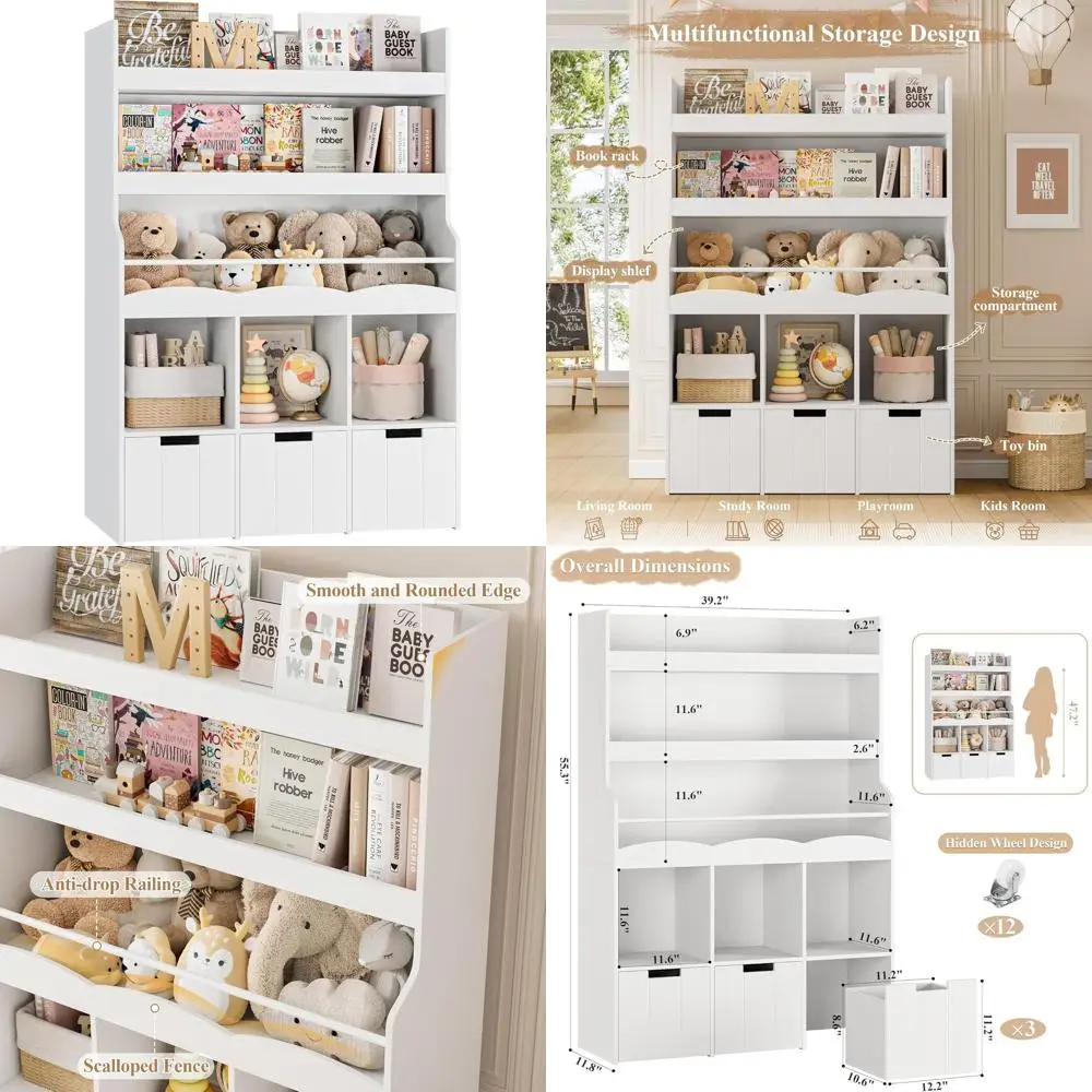 Tall Kids Bookshelf with 3 Toy Storage Bins, 55.3H x 39.2W, White, for Playroom and Child's Room
Tall Kids Bookshelf with 3 Toy Storage Bins, 55.3H x 39.2W, White, for Playroom and Child's Room