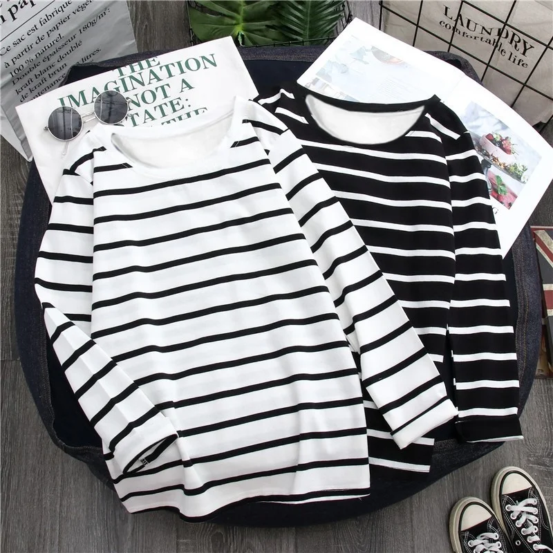Весенне-осенняя женская полосатая футболка в стиле Харадзюку, футболки с длинным рукавом и круглым вырезом, корейская повседневная футболка большого размера, женские черные топы
Весенне-осенняя женская полосатая футболка в стиле Харадзюку, футболки с длинным рукавом и круглым вырезом, корейская повседневная футболка большого размера, женские черные топы