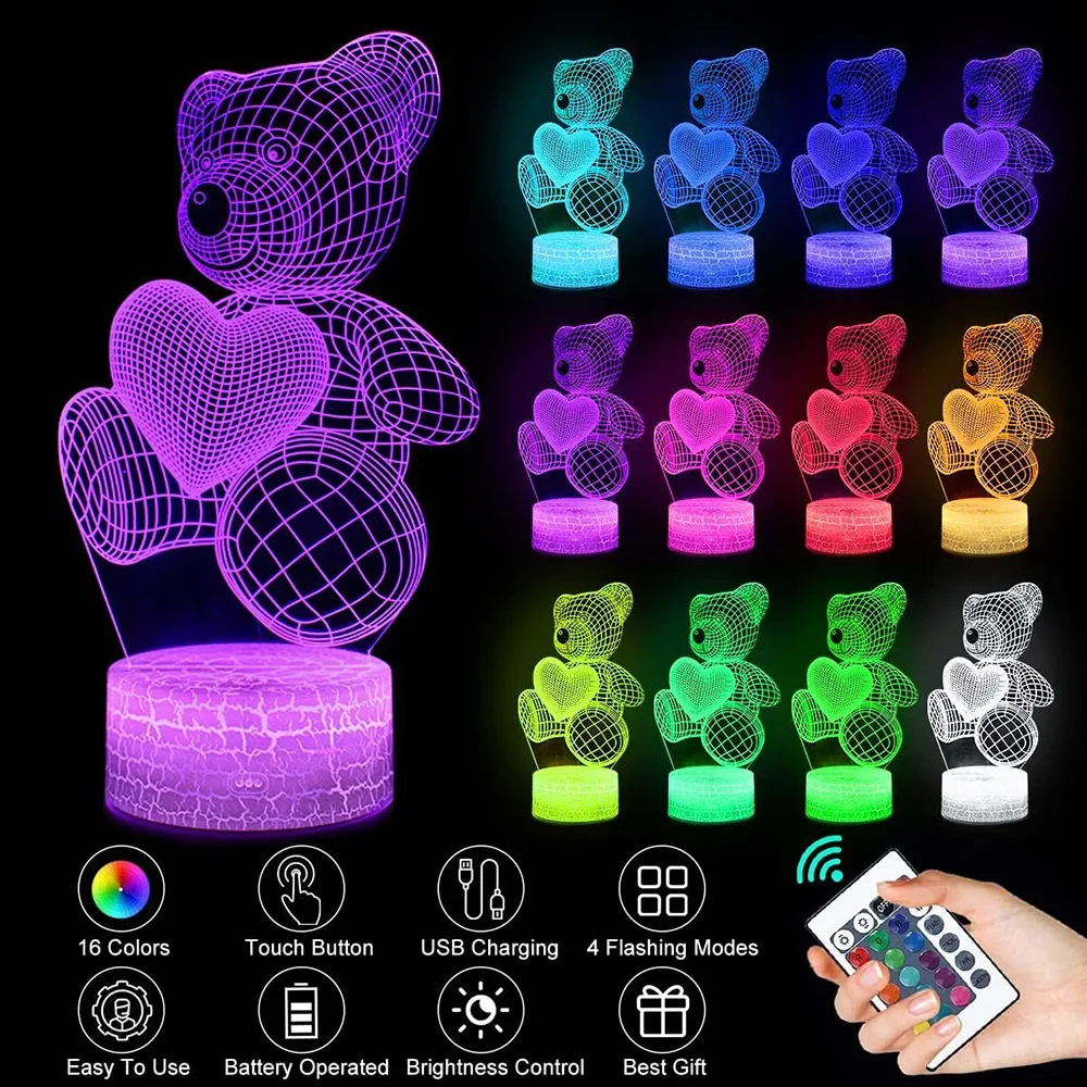 LED Night Light 3D Illusion Teddy Bear Children's LED Light Romantic Color Changing Light Valentine's Christmas Day Gift
LED Night Light 3D Illusion Teddy Bear Children's LED Light Romantic Color Changing Light Valentine's Christmas Day Gift