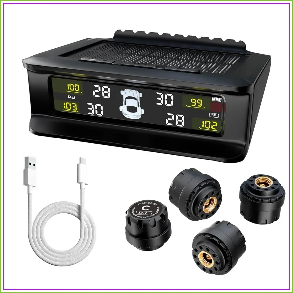 Solar & USB-C TPMS with 4 Sensors, 6 Safety Alarms, HD Display, 0-87 Psi Range for Sedan & SUV
Solar & USB-C TPMS with 4 Sensors, 6 Safety Alarms, HD Display, 0-87 Psi Range for Sedan & SUV