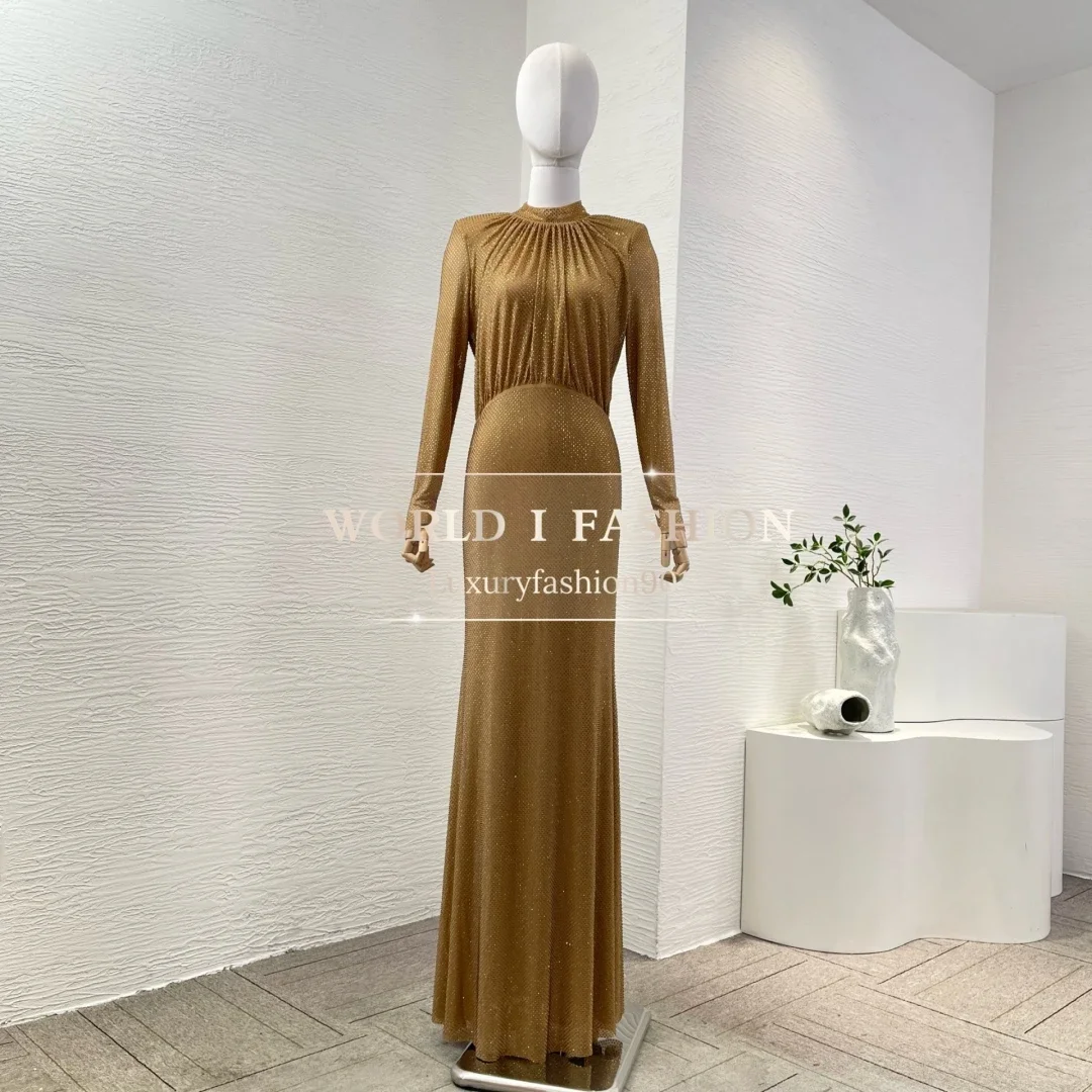 2025 New High Qulity Brown Long Sleeve Diamonds Pressed Pleat Maxi Dress for Women Elegant Attractive
2025 New High Qulity Brown Long Sleeve Diamonds Pressed Pleat Maxi Dress for Women Elegant Attractive