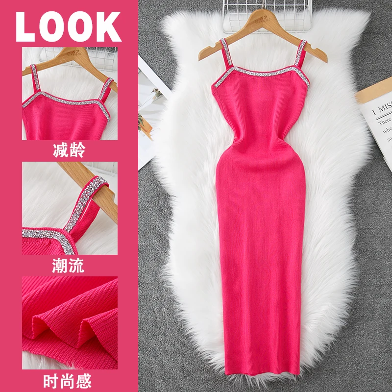 Summer Sexy Sleeveless Spaghetti Strap Dress Women Casual Loose Diamonds Knitted Dress Solid Midi Vestidos
Summer Sexy Sleeveless Spaghetti Strap Dress Women Casual Loose Diamonds Knitted Dress Solid Midi Vestidos