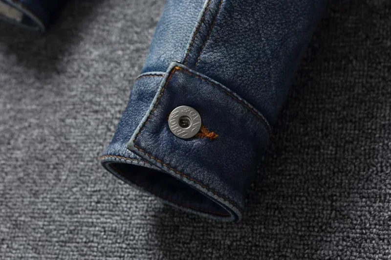 Men's Motorcycle Leather Jacket Light Blue Ami Khaki Retro Graphite Distressed Denim Genuine Leather Jacket Slim Short Jacket 128 S990397e8289e4ff29e020b4e1dadbfecf