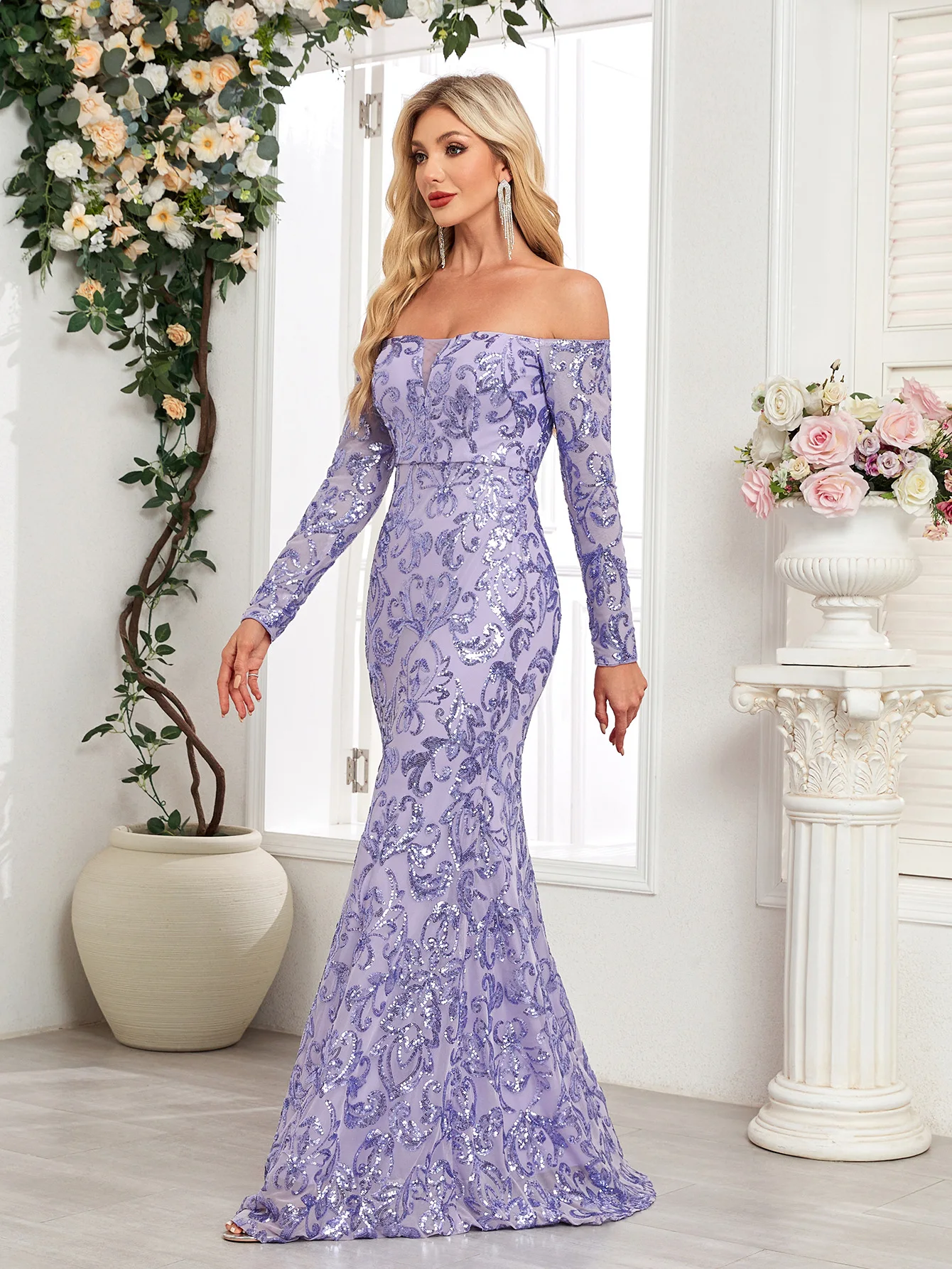 Purple Off Shoulder Sequin Mermaid Evening Dresses Long Sleeve Formal Gown
Purple Off Shoulder Sequin Mermaid Evening Dresses Long Sleeve Formal Gown