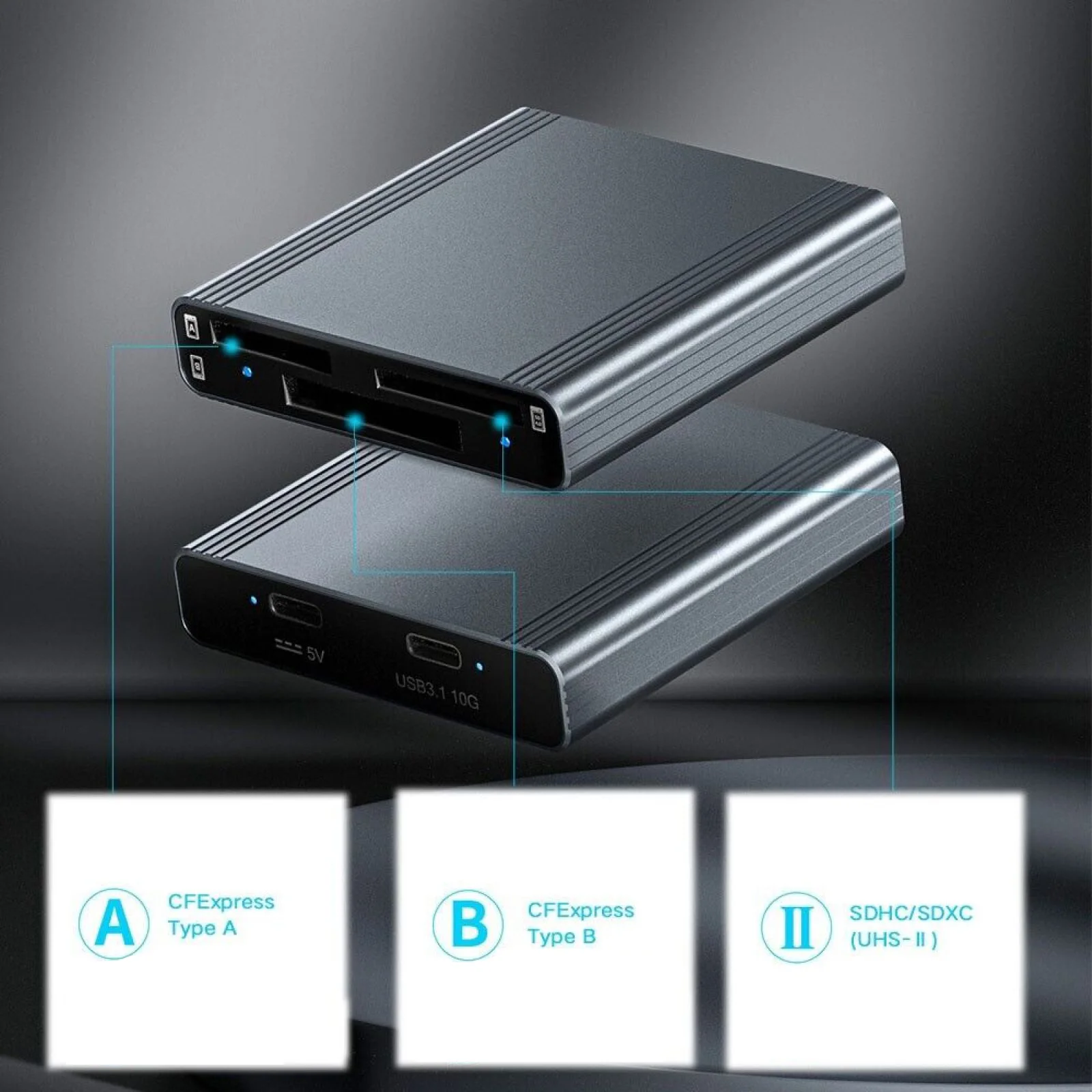 Устройство чтения карт памяти CFexpress Type A + Type B + SD 3 в 1 Высокоскоростное устройство передачи данных 10 Гбит/с Устройство чтения интерфейсов USB 3.1 Gen 2
Устройство чтения карт памяти CFexpress Type A + Type B + SD 3 в 1 Высокоскоростное устройство передачи данных 10 Гбит/с Устройство чтения интерфейсов USB 3.1 Gen 2