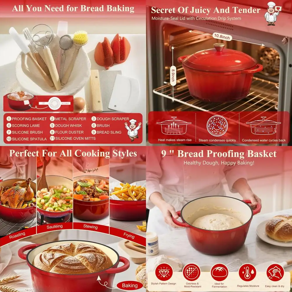 Чугунная эмалированная форма для выпечки хлеба, набор для приготовления закваски, кастрюля с крышкой, бандоне и лопатка для разрезания теста, красный праздничный подарок
Чугунная эмалированная форма для выпечки хлеба, набор для приготовления закваски, кастрюля с крышкой, бандоне и лопатка для разрезания теста, красный праздничный подарок