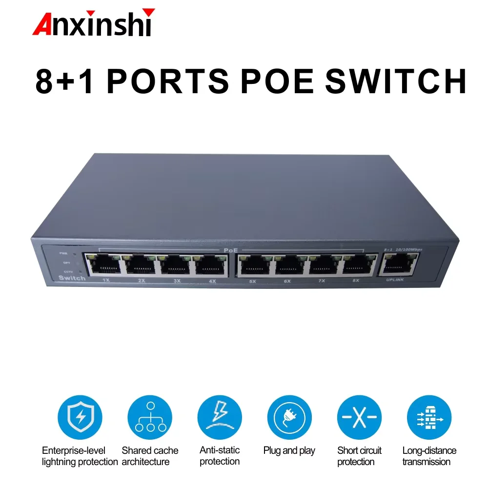 Anxinshi POE Switch 48V With 8 100Mbps Ports IEEE 802.3 af/at ethernet Switch Suitable For IP POE Camera POE Distance:Max 250m 
Anxinshi POE Switch 48V With 8 100Mbps Ports IEEE 802.3 af/at ethernet Switch Suitable For IP POE Camera POE Distance:Max 250m