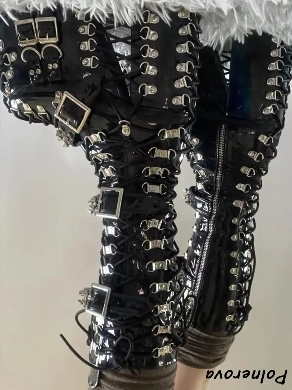 Gothic Spiked Buckle Platform Combat Boots Black Patent Leather Lace-Up Chunky Heel Mid Calf Boots Dark Punk Rock Lolita Shoes
Gothic Spiked Buckle Platform Combat Boots Black Patent Leather Lace-Up Chunky Heel Mid Calf Boots Dark Punk Rock Lolita Shoes