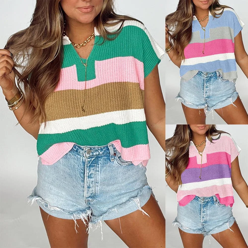 Summer 2025 Women's Casual Short Sleeve Sweater Small U-Neck Dopaamine Color Block Cross-Border Fashion Slim Fit Striped Knit...
Summer 2025 Women's Casual Short Sleeve Sweater Small U-Neck Dopaamine Color Block Cross-Border Fashion Slim Fit Striped Knit...