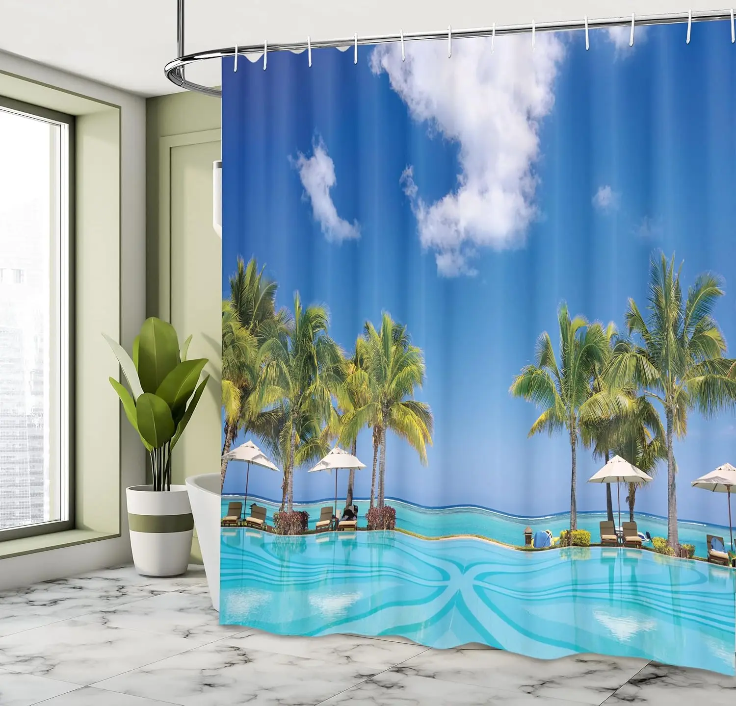 Tropical Beach Shower Curtain Mauritius Pool Palm Trees Sunbeds Ocean View Paradise Vacation Decor with Hooks
Tropical Beach Shower Curtain Mauritius Pool Palm Trees Sunbeds Ocean View Paradise Vacation Decor with Hooks