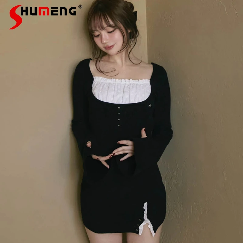 Японское милое модное черное вязаное платье с длинными рукавами, осеннее новое облегающее элегантное повседневное платье для девочек, женское мини-сексуальное вязаное платье
Японское милое модное черное вязаное платье с длинными рукавами, осеннее новое облегающее элегантное повседневное платье для девочек, женское мини-сексуальное вязаное платье