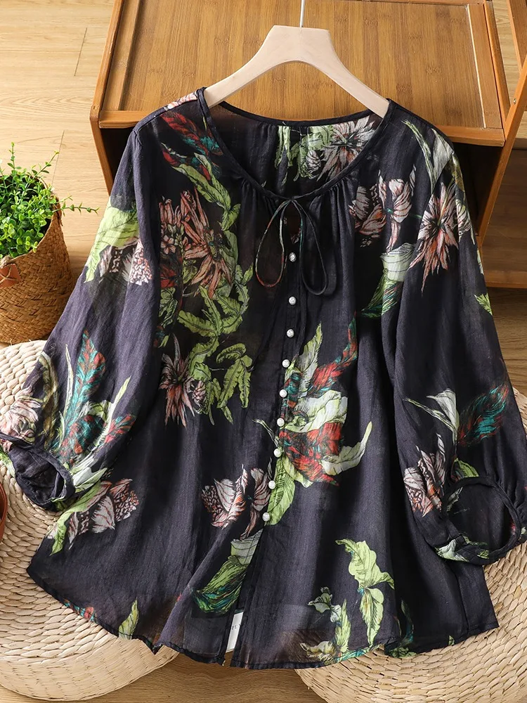 New Chinese Style Loose Fit Women's Shirt with Lantern Sleeve Banana Fiber Tie Dye Summer Plant Print 7/8 Length Casual Top
New Chinese Style Loose Fit Women's Shirt with Lantern Sleeve Banana Fiber Tie Dye Summer Plant Print 7/8 Length Casual Top