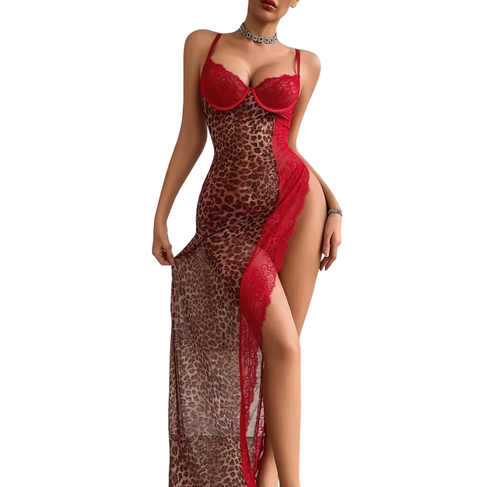 2026 Fashion Pure Desire Leopard Pattern Splicing Perspective Lace High Split Slippers Sleeping Skirt and thong Set
2026 Fashion Pure Desire Leopard Pattern Splicing Perspective Lace High Split Slippers Sleeping Skirt and thong Set