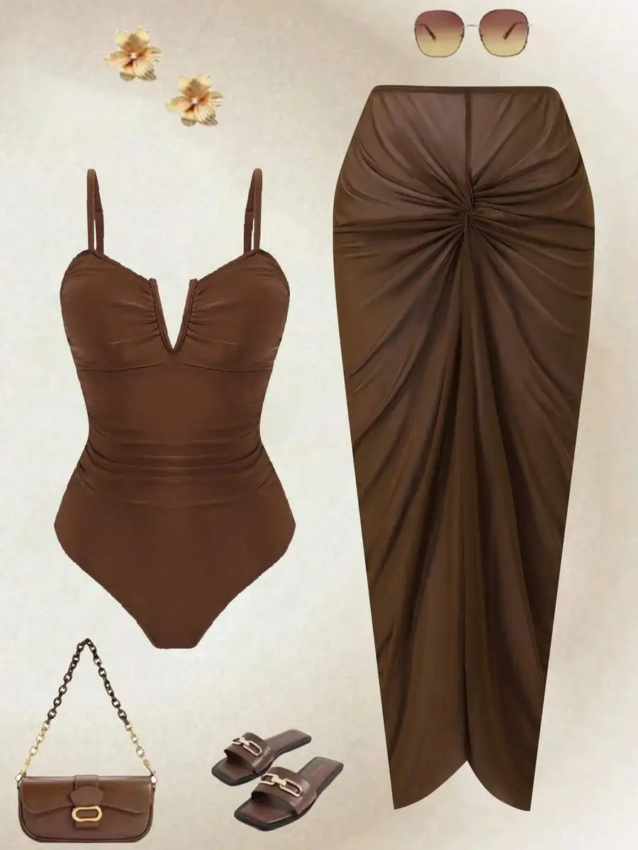 Brown V-Neck Ruched One-Piece Swimsuit With Twist Knot Maxi Skirt Set For Women
Brown V-Neck Ruched One-Piece Swimsuit With Twist Knot Maxi Skirt Set For Women