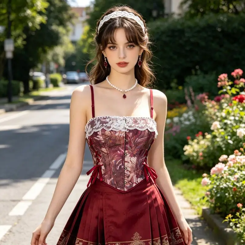 Floral Jacquard Lace Corset in Burgundy Adjustable Strap Waist Shaping Top
Floral Jacquard Lace Corset in Burgundy Adjustable Strap Waist Shaping Top