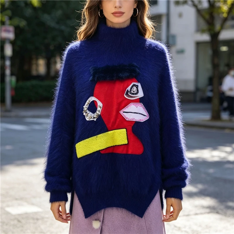 Women's Mock Neck Mink Cashmere Sweater Abstract Face Applique Beaded Loose Angora Fur Autumn Winter Warm Pullover Jumper Pull
Women's Mock Neck Mink Cashmere Sweater Abstract Face Applique Beaded Loose Angora Fur Autumn Winter Warm Pullover Jumper Pull