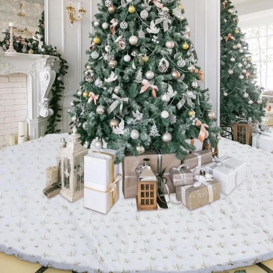 100 Inches Large Christmas Tree Skirt Faux Fur Xmas Tree Skirt White Plush Velvet with Gold Sequins Snowflakes for Xmas Decorati
100 Inches Large Christmas Tree Skirt Faux Fur Xmas Tree Skirt White Plush Velvet with Gold Sequins Snowflakes for Xmas Decorati