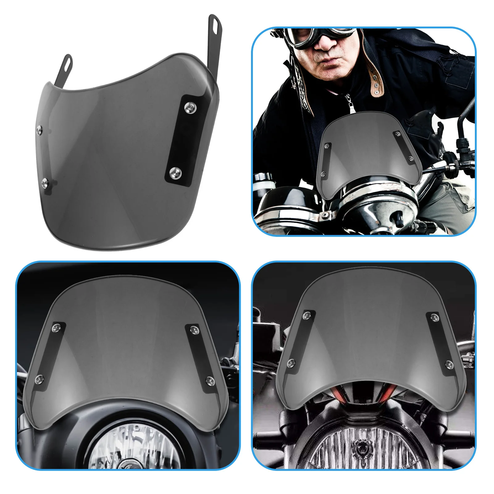 Лобовое стекло мотоцикла 5-7 дюймов, универсальное ветровое стекло, винтажный стиль, ветровой дефлектор, прозрачная запасная часть для мотоцикла 
Лобовое стекло мотоцикла 5-7 дюймов, универсальное ветровое стекло, винтажный стиль, ветровой дефлектор, прозрачная запасная часть для мотоцикла