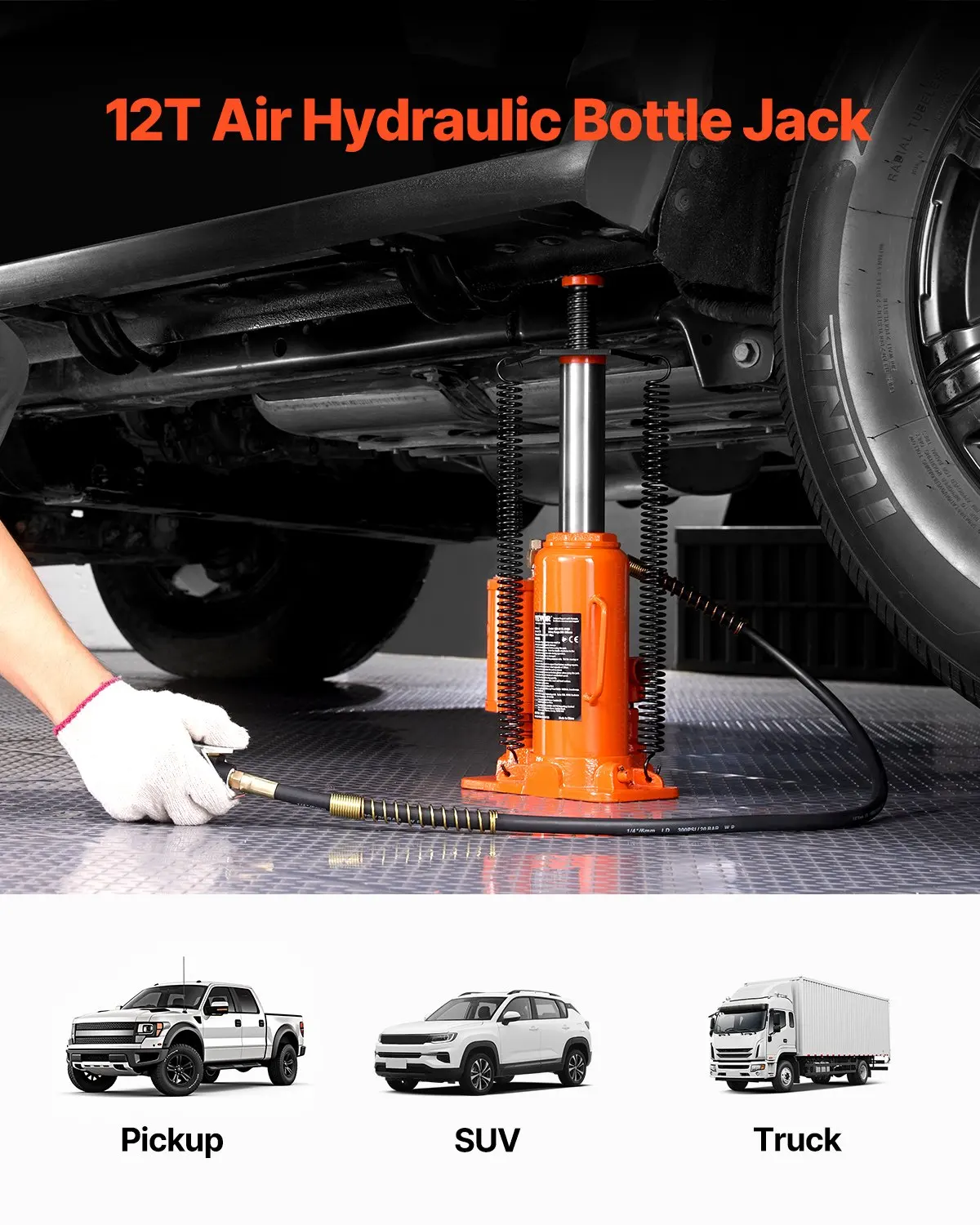 Air Hydraulic Bottle Jack, 12 Ton/26455 Lbs Pneumatic Hydraulic Bottle Jack With 10.43''-19.88'' Lifting Range & Manual Hand
Air Hydraulic Bottle Jack, 12 Ton/26455 Lbs Pneumatic Hydraulic Bottle Jack With 10.43''-19.88'' Lifting Range & Manual Hand