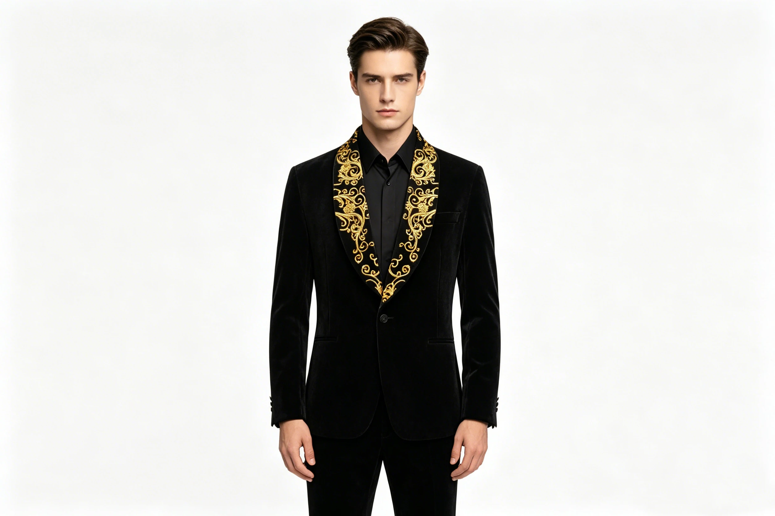 Men's Velvet Blazer, Gold Embroidered Suit Jacket, Black Tuxedo for Wedding Party Prom
Men's Velvet Blazer, Gold Embroidered Suit Jacket, Black Tuxedo for Wedding Party Prom