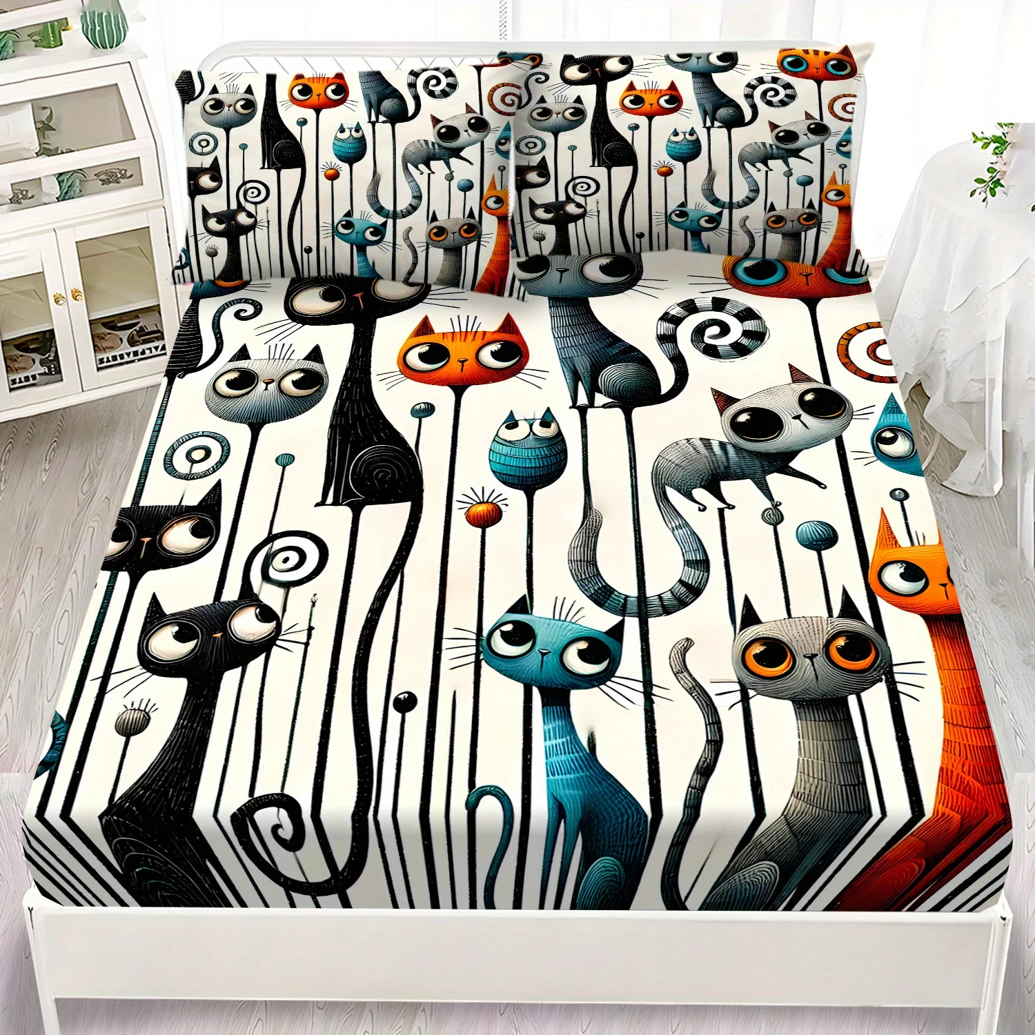 Latacaca 3pcs Elegant Cartoon Cat Pattern Black and Grey Stripes Luxury Fitted Sheet Set, 1 Fitted Sheet and 2 Pillowcases, Spri
Latacaca 3pcs Elegant Cartoon Cat Pattern Black and Grey Stripes Luxury Fitted Sheet Set, 1 Fitted Sheet and 2 Pillowcases, Spri