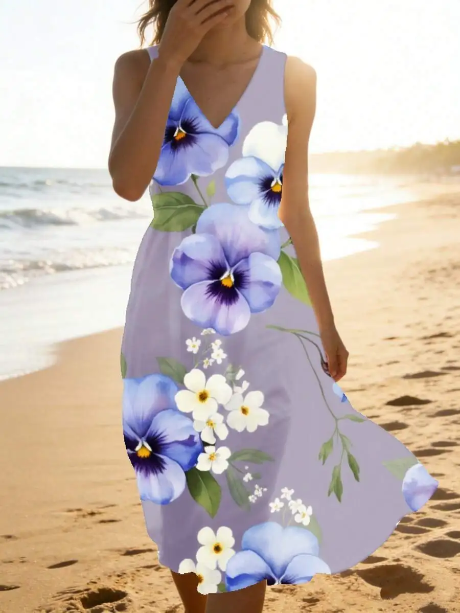 V Neck Sleeveless Midi Dress Lavender Blue White Floral Print Summer Beach Wear
V Neck Sleeveless Midi Dress Lavender Blue White Floral Print Summer Beach Wear