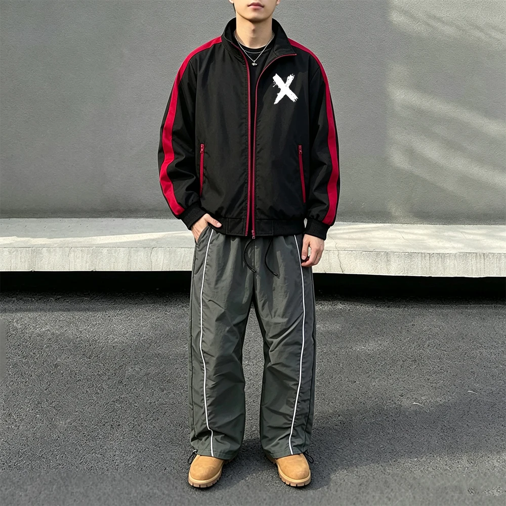 Men 2 Pcs Casual Tracksuit X Print Full Zip Red Stripe Stand Collar Windbreaker Side Stripe Strip Drawstring Hem Long Pants Set
Men 2 Pcs Casual Tracksuit X Print Full Zip Red Stripe Stand Collar Windbreaker Side Stripe Strip Drawstring Hem Long Pants Set