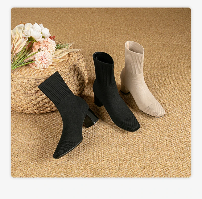 Black Square Toe Knit Sock Boots Elastic Slim Thick Block Heel High Heels Short Boots Fashion Autumn Casual Skinny Ankle Boots 19 S9911bdf00b3146e4a834750bb08463bam