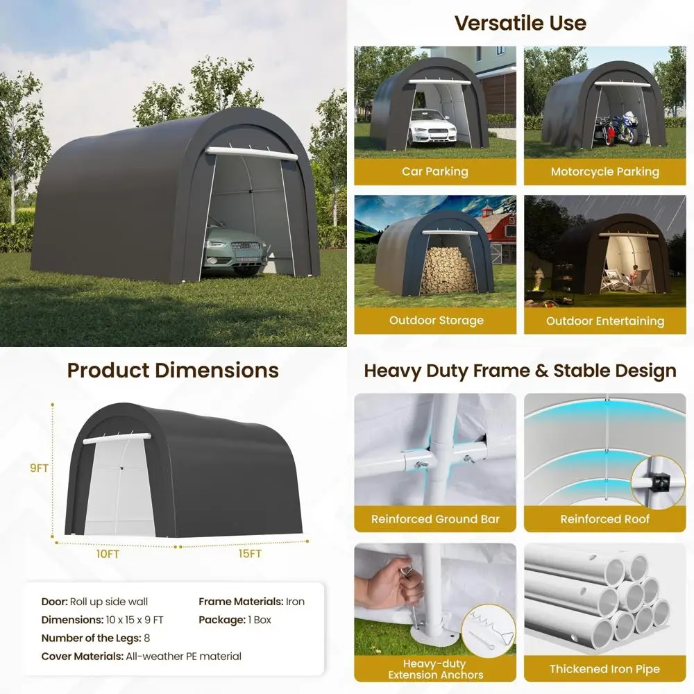 carport, 10'x15' outdoor round portable garage with 2 roll up doors, heavy duty storage shelter car canopy party tent, dark gray
carport, 10'x15' outdoor round portable garage with 2 roll up doors, heavy duty storage shelter car canopy party tent, dark gray