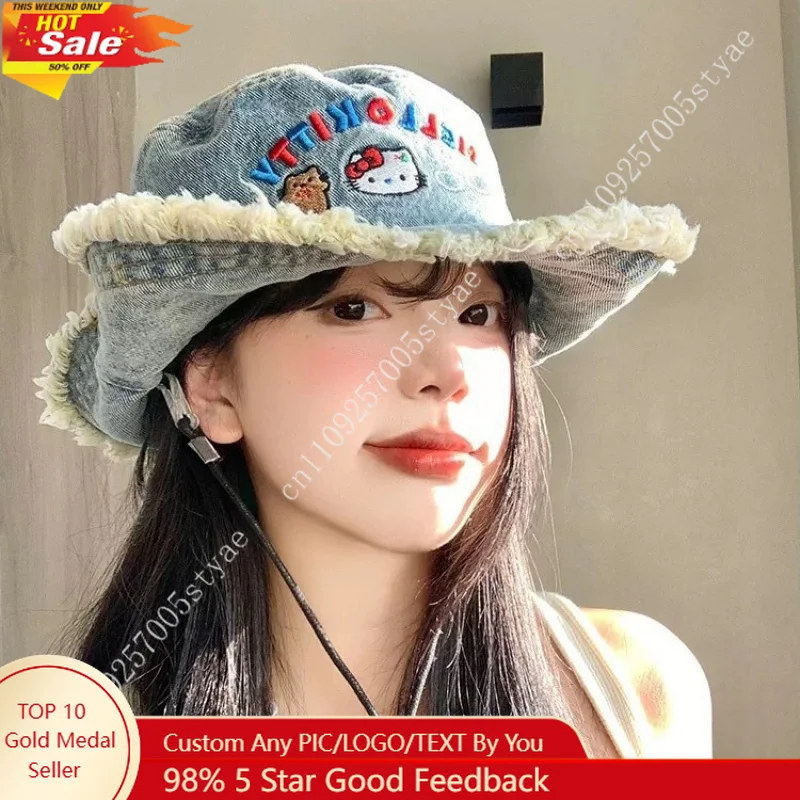 1pc Women's Hello Kitty Denim Fisherman Hat Wide Brim Summer Breathable Washed with Frayed Edges Cute Iconic Face for Hiking
1pc Women's Hello Kitty Denim Fisherman Hat Wide Brim Summer Breathable Washed with Frayed Edges Cute Iconic Face for Hiking