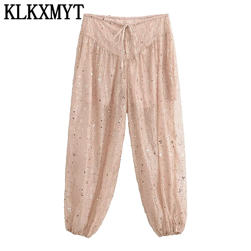 KLKXMYT Sequin Elegant Chic Lantern Pants Women Elastic Waist Tied Translucent Pants Fashion Spring Summer Streetwear Trousers
KLKXMYT Sequin Elegant Chic Lantern Pants Women Elastic Waist Tied Translucent Pants Fashion Spring Summer Streetwear Trousers 
