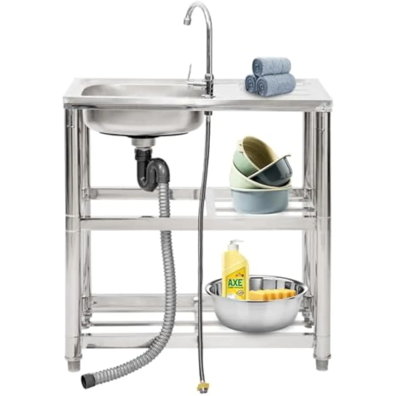 Stainless Steel Single Bowl Freestanding Commercial Utility Sink Set with Faucet, Drainboard & Storage Shelves, 30x17x31 inches
Stainless Steel Single Bowl Freestanding Commercial Utility Sink Set with Faucet, Drainboard & Storage Shelves, 30x17x31 inches