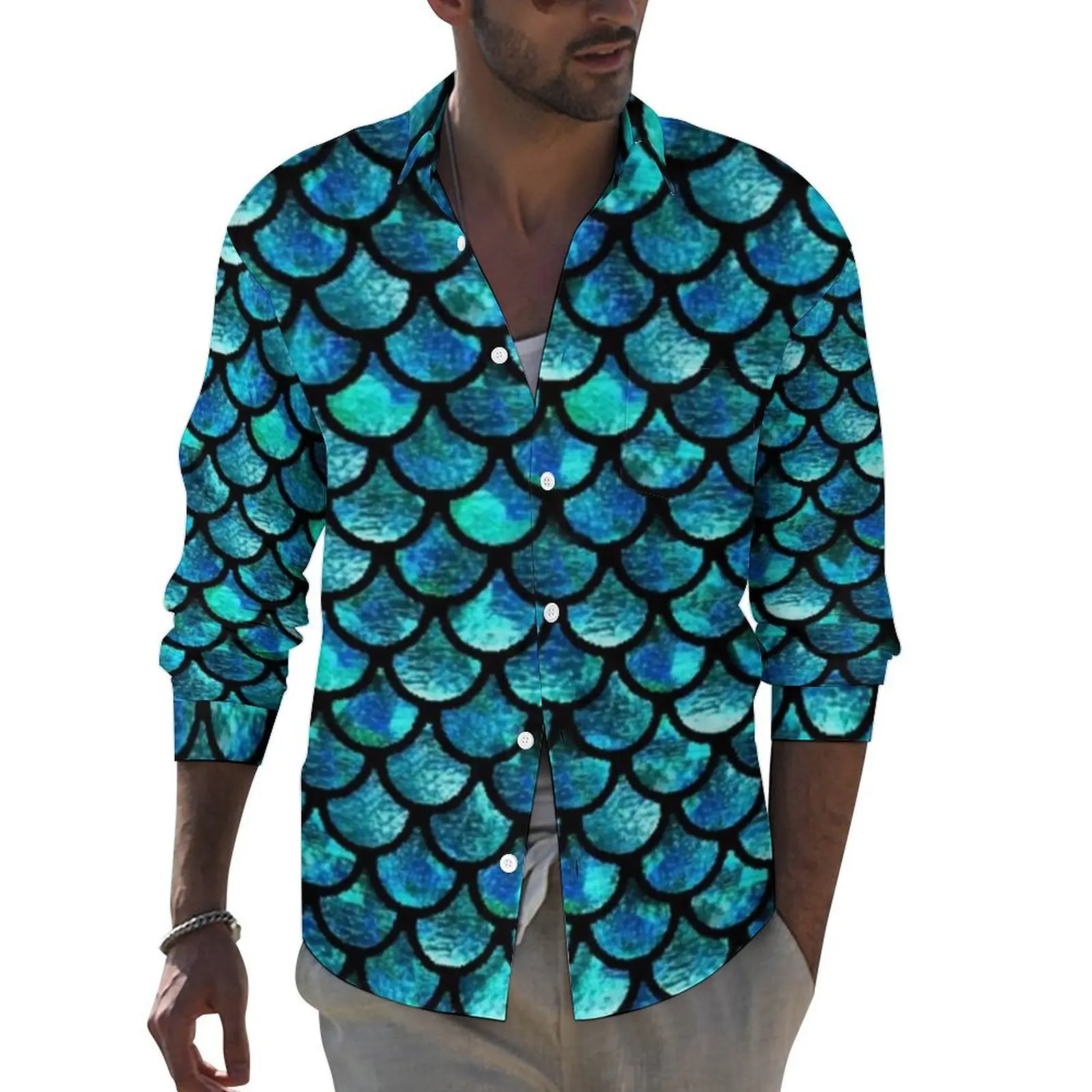 Рубашка мужская с длинным рукавом, Повседневная Блузка с принтом в виде чешуи русалки, Бирюзовый синий цвет, уличная одежда, 4XL, весна
Рубашка мужская с длинным рукавом, Повседневная Блузка с принтом в виде чешуи русалки, Бирюзовый синий цвет, уличная одежда, 4XL, весна