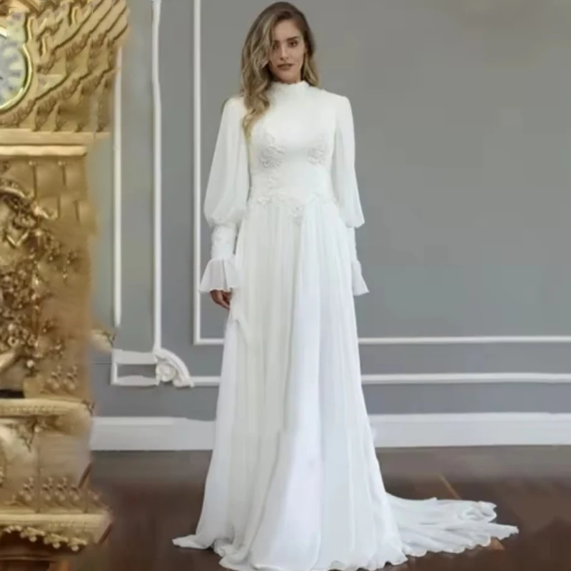 Exquisite Wedding Dresses A-line Flare Sleeve High Collar Appliques Muslim Bridal Gown Floor Length Customized robe de mariée
Exquisite Wedding Dresses A-line Flare Sleeve High Collar Appliques Muslim Bridal Gown Floor Length Customized robe de mariée