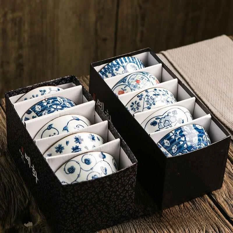 Japanese Style Ceramic Bowl 45 Inch Rice Bowl Creative Design Dinnerware Set Gift Box round Shape Adult Use Floral Pattern