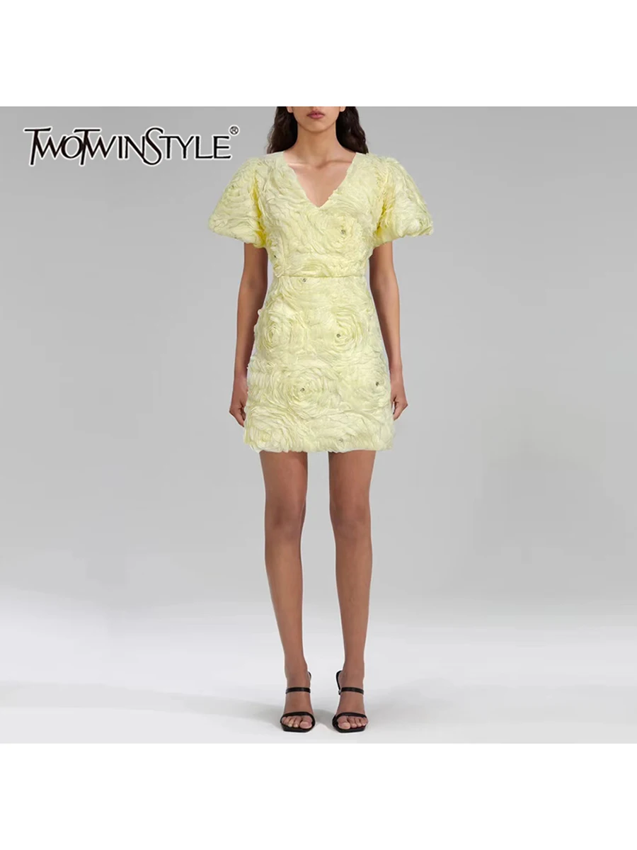 TWOTWINSTYLE Solid Spliced Appliques Slimming Mini Dresses For Women V Neck Short Sleeve High Waist Tempoerament Dress Femlae 
TWOTWINSTYLE Solid Spliced Appliques Slimming Mini Dresses For Women V Neck Short Sleeve High Waist Tempoerament Dress Femlae