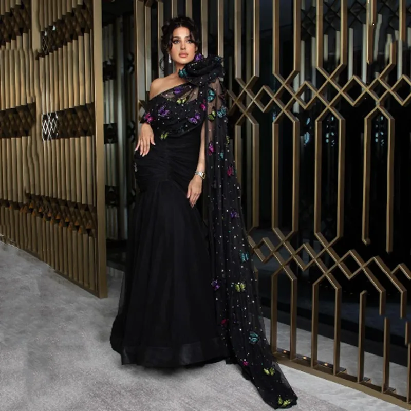 Exquisite Black Mermaid Prom Dress One-Shoulder Tulle Appliques Butterfly Arabia Dubai Party Dress Vestidos De Noche Customized
Exquisite Black Mermaid Prom Dress One-Shoulder Tulle Appliques Butterfly Arabia Dubai Party Dress Vestidos De Noche Customized
